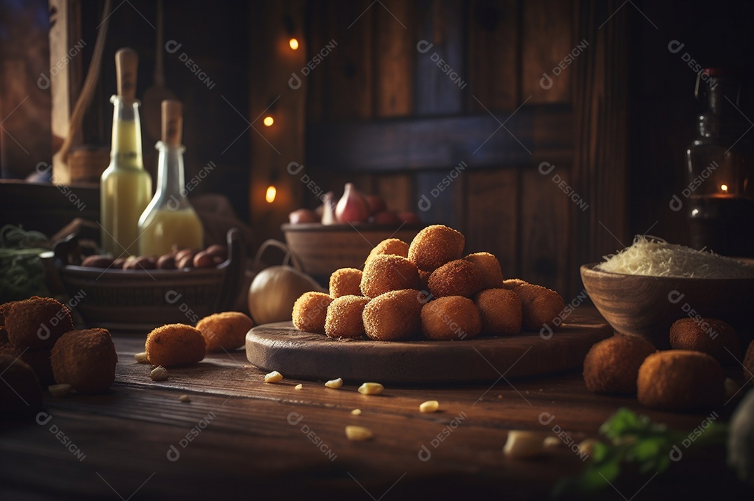 Deliciosos croquetes caseiros na mesa de madeira no fundo da cozinha rústica