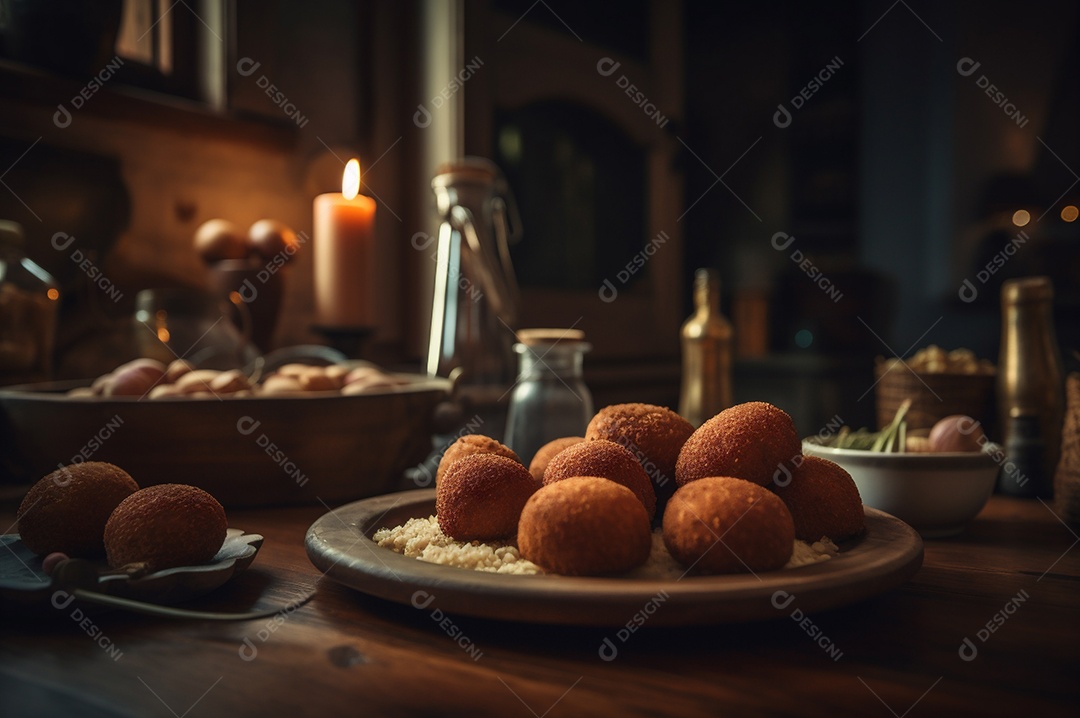 Deliciosos croquetes caseiros na mesa de madeira no fundo da cozinha rústica