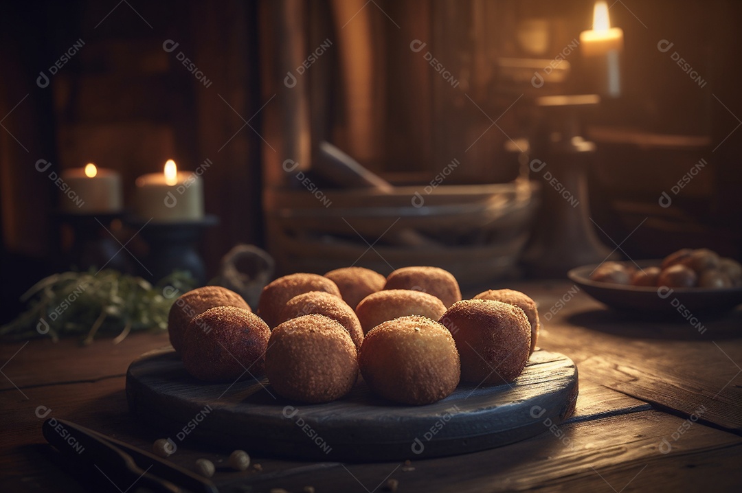 Deliciosos croquetes caseiros na mesa de madeira no fundo da cozinha rústica