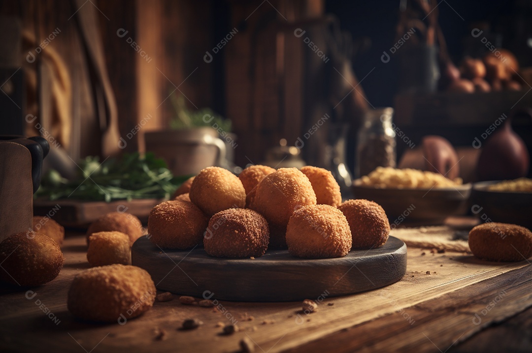 Deliciosos croquetes caseiros na mesa de madeira no fundo da cozinha rústica