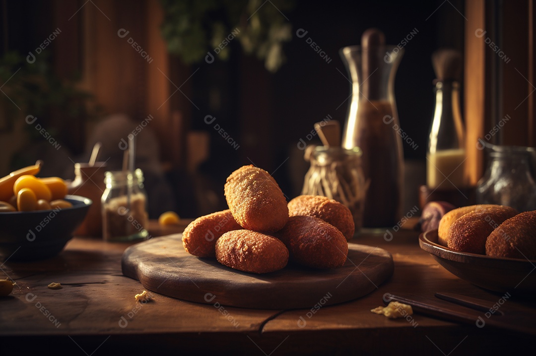 Deliciosos croquetes caseiros na mesa de madeira no fundo da cozinha rústica