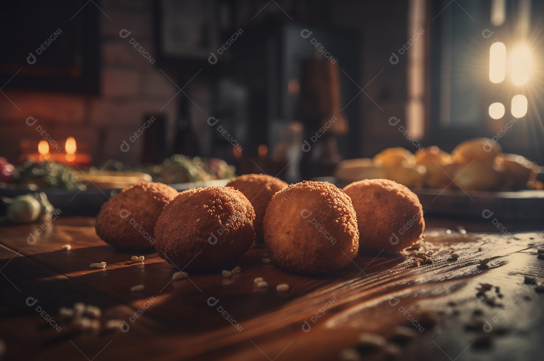 Deliciosos croquetes caseiros na mesa de madeira no fundo da cozinha rústica