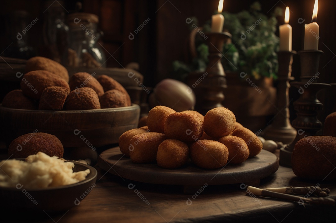 Deliciosos croquetes caseiros na mesa de madeira no fundo da cozinha rústica