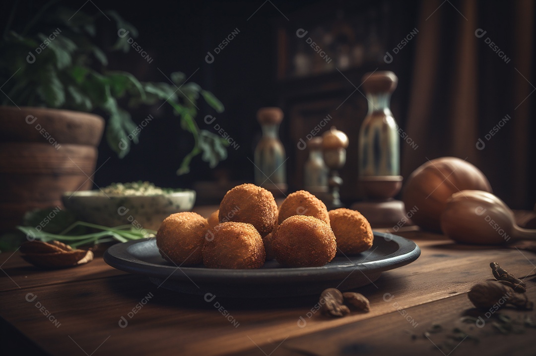 Deliciosos croquetes caseiros na mesa de madeira no fundo da cozinha rústica
