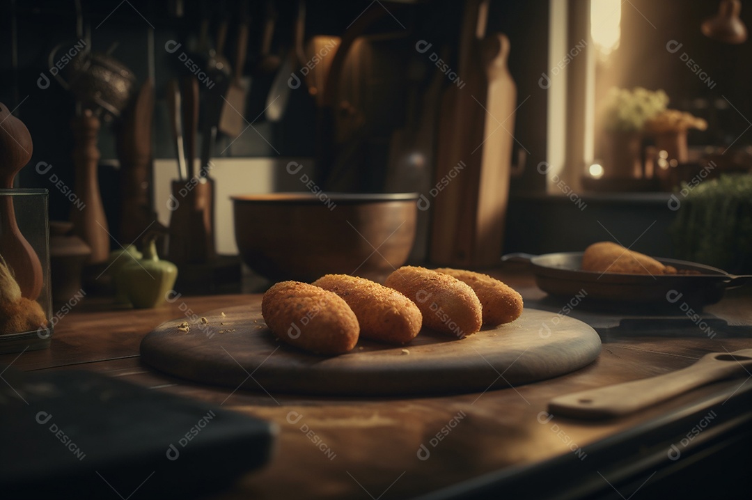 Deliciosos croquetes caseiros na mesa de madeira no fundo da cozinha rústica