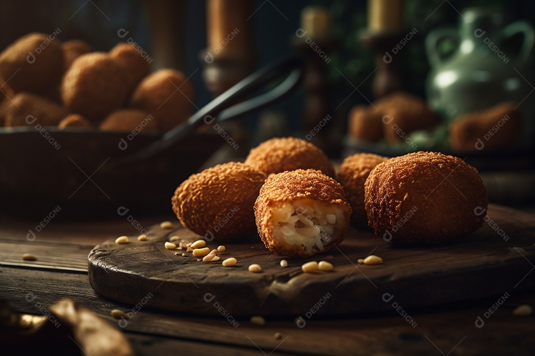 Deliciosos croquetes caseiros na mesa de madeira no fundo da cozinha rústica