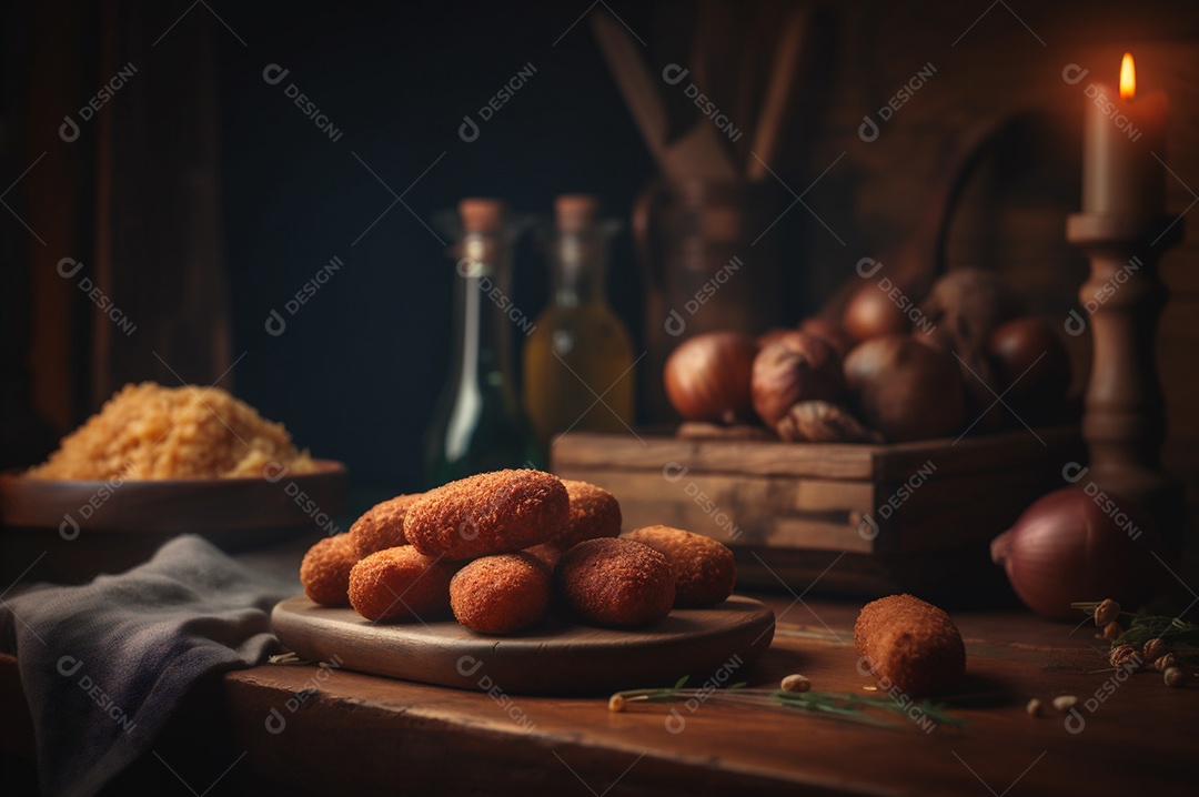 Deliciosos croquetes caseiros na mesa de madeira no fundo da cozinha rústica