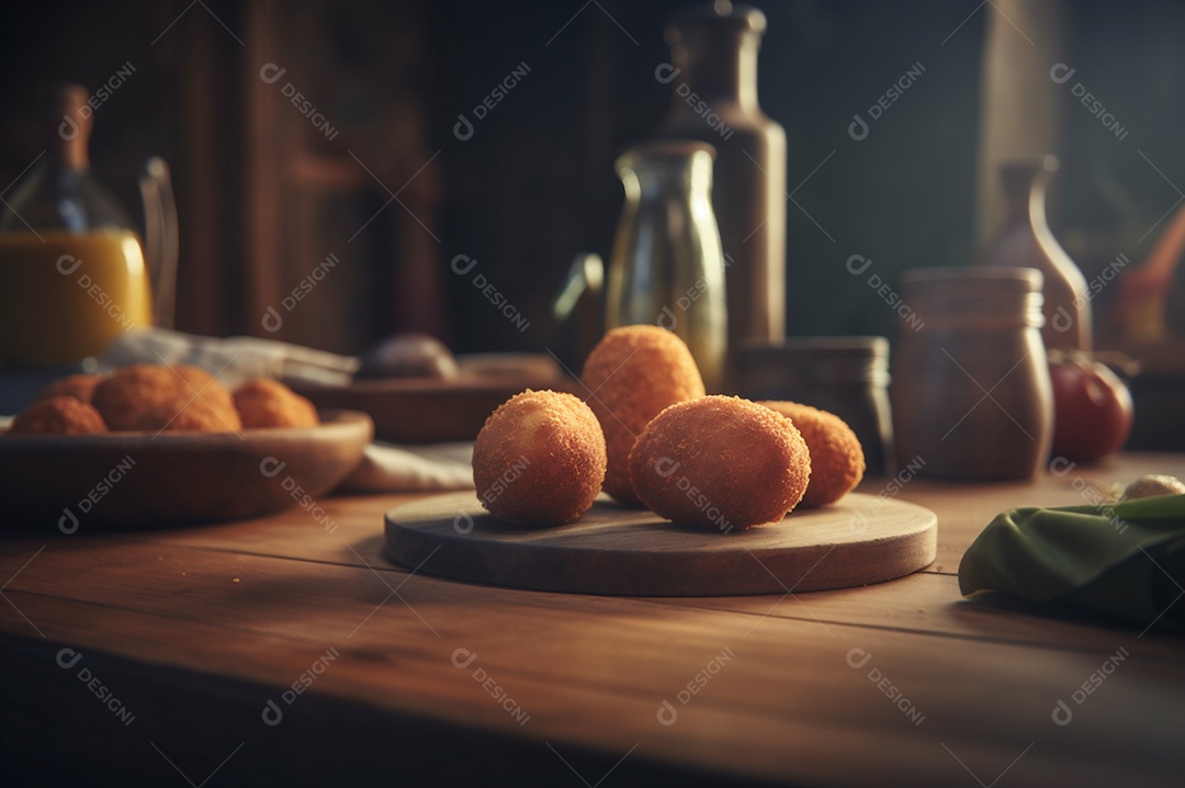 Deliciosos croquetes caseiros na mesa de madeira no fundo da cozinha rústica