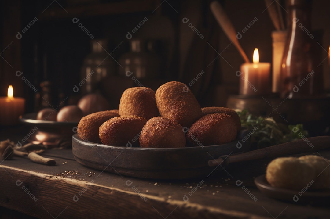 Deliciosos croquetes caseiros na mesa de madeira no fundo da cozinha rústica
