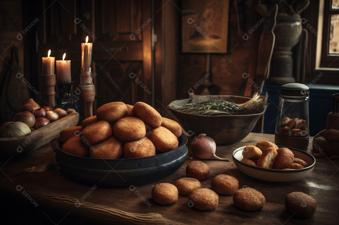 Deliciosos croquetes caseiros na mesa de madeira no fundo da cozinha rústica