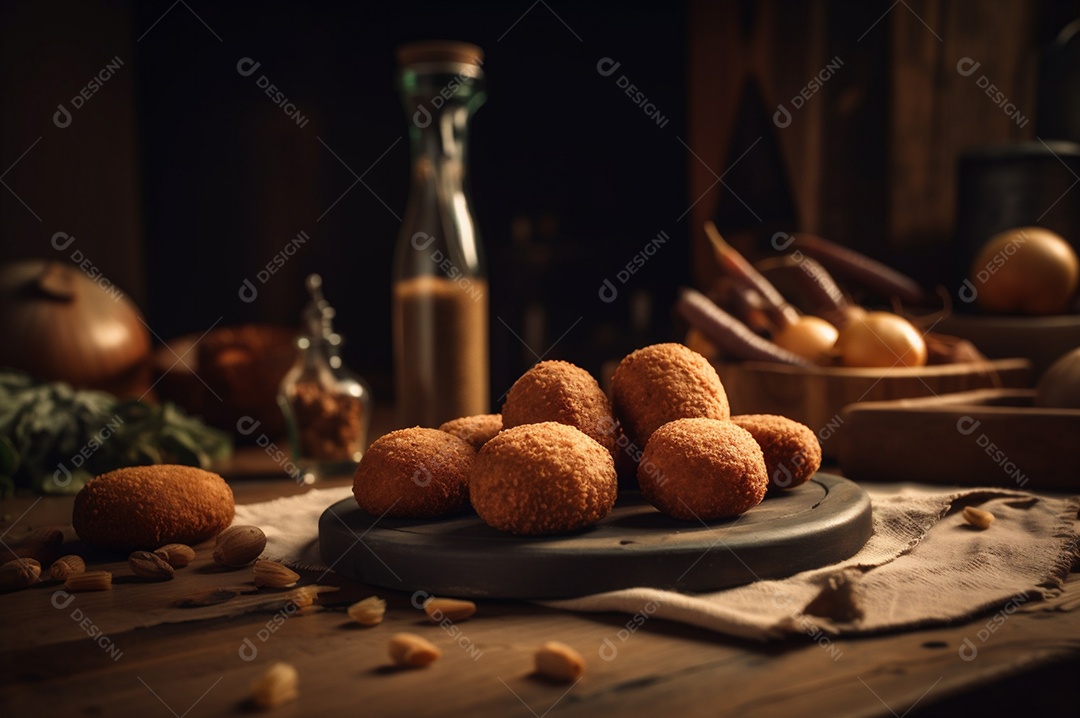 Deliciosos croquetes caseiros na mesa de madeira no fundo da cozinha rústica