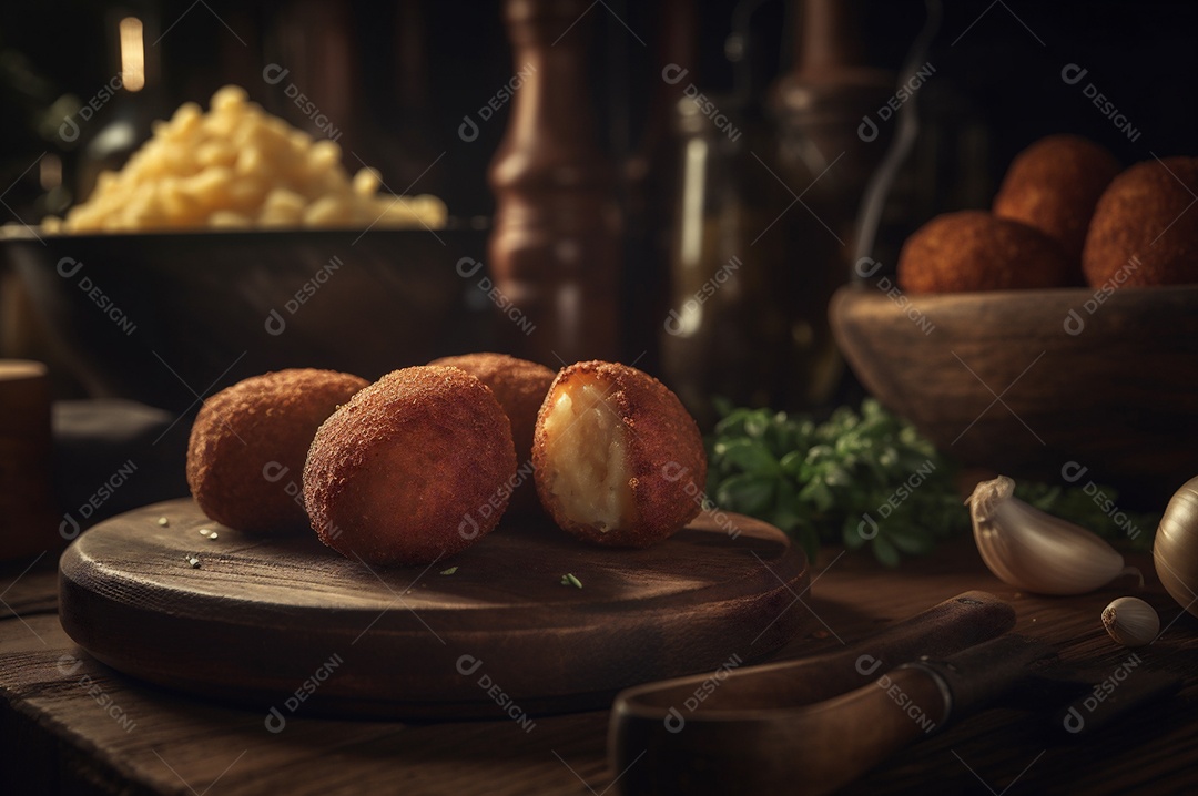 Deliciosos croquetes caseiros na mesa de madeira no fundo da cozinha rústica