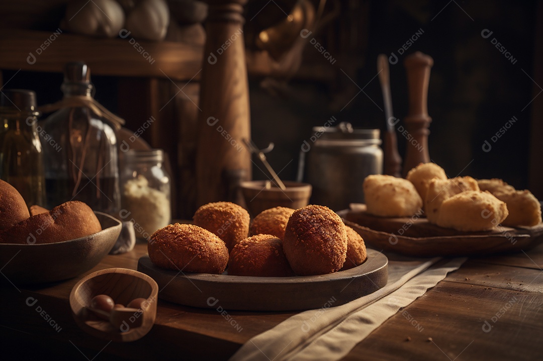 Deliciosos croquetes caseiros na mesa de madeira no fundo da cozinha rústica