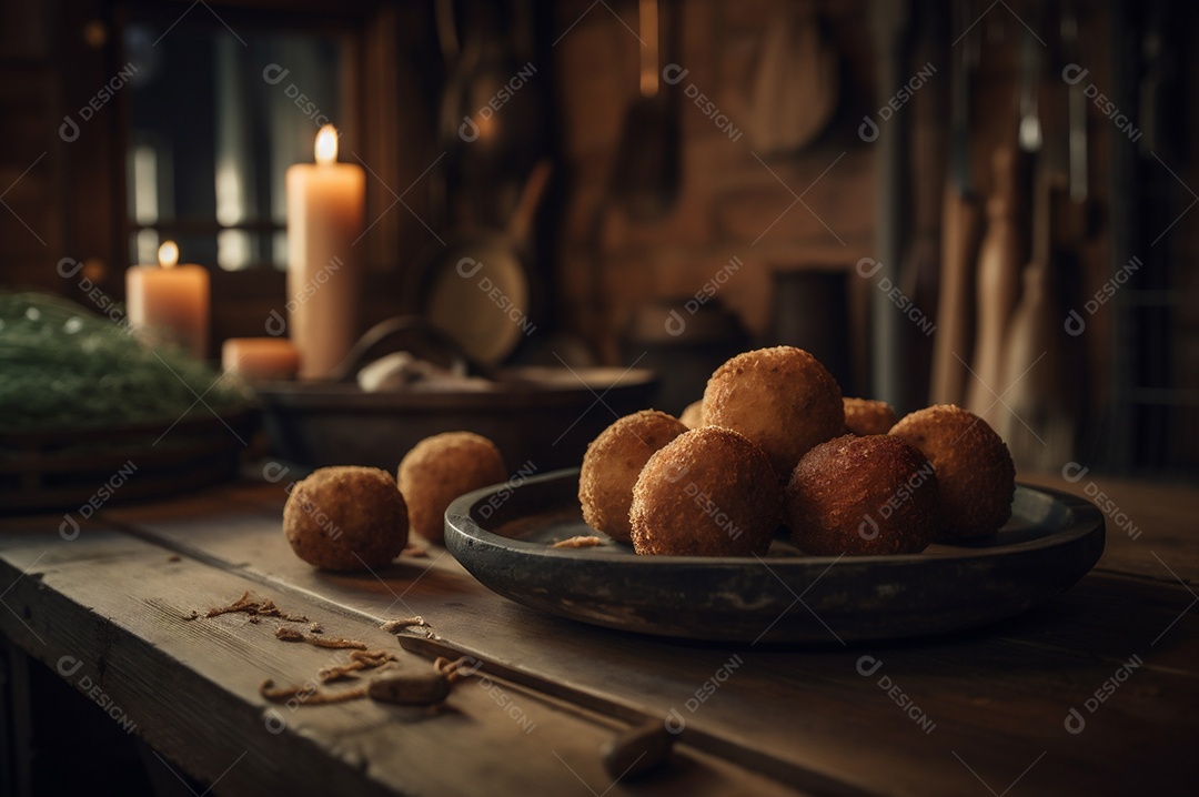 Deliciosos croquetes caseiros na mesa de madeira no fundo da cozinha rústica.