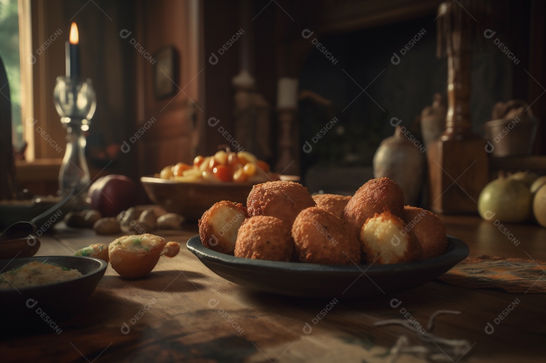 Deliciosos croquetes caseiros na mesa de madeira no fundo da cozinha rústica