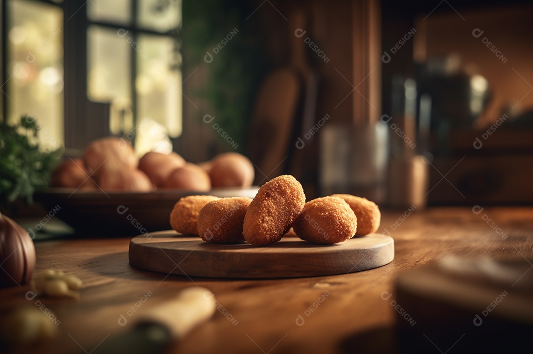 Deliciosos croquetes caseiros na mesa de madeira no fundo da cozinha rústica