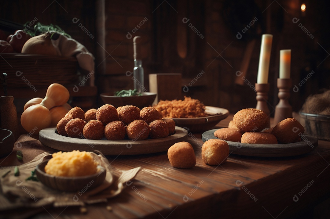 Deliciosos croquetes caseiros na mesa de madeira no fundo da cozinha rústica