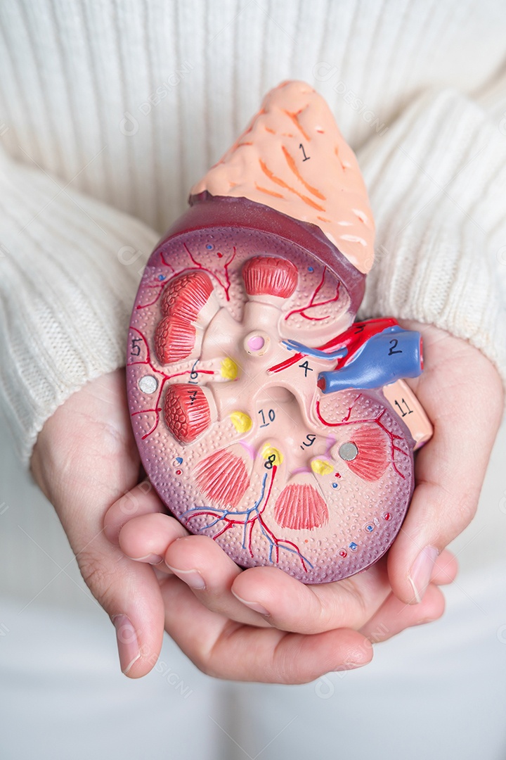 Mulher segurando rim humano anatômico modelo de glândula adrenal.