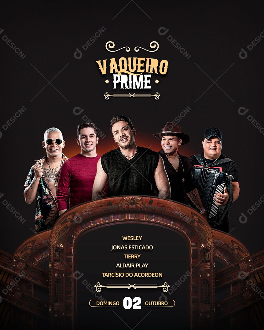Vaqueiro Prime Flyer Wesley Jonas Esticado Tierry Aldair Play Boy Tarcísio Do Acodeon Social Media PSD Editável