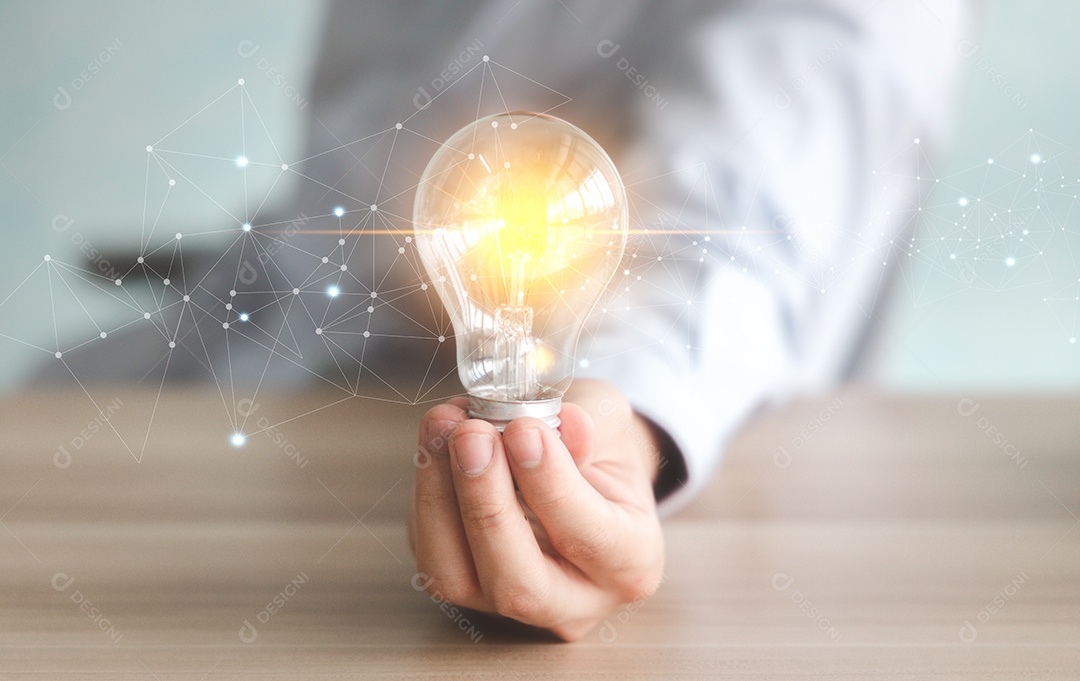 Renderização 3D Homem segurando em lâmpada acessa conceito ideia