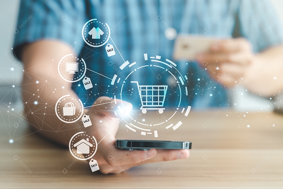 Renderização 3D Homem tocando em ícones de compras online