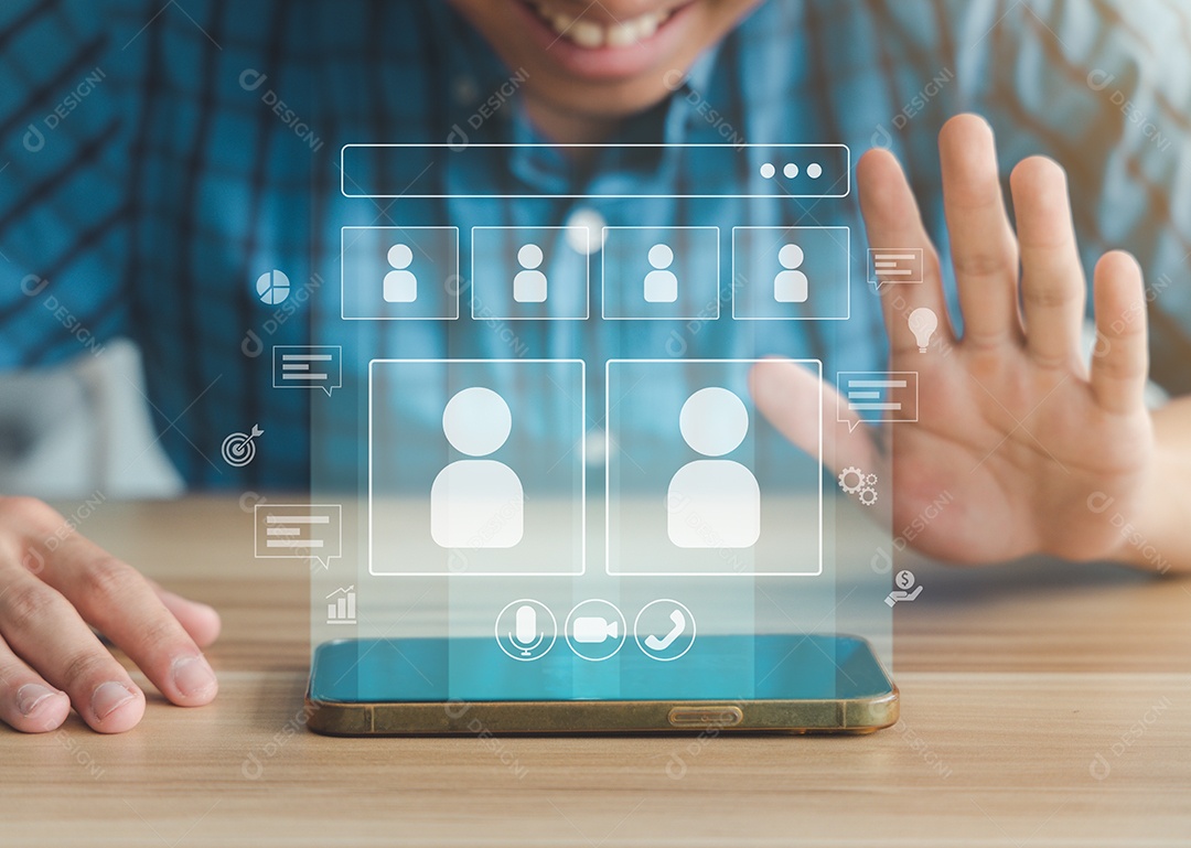 Renderização 3D Homem tocando em ícones na tela virtual