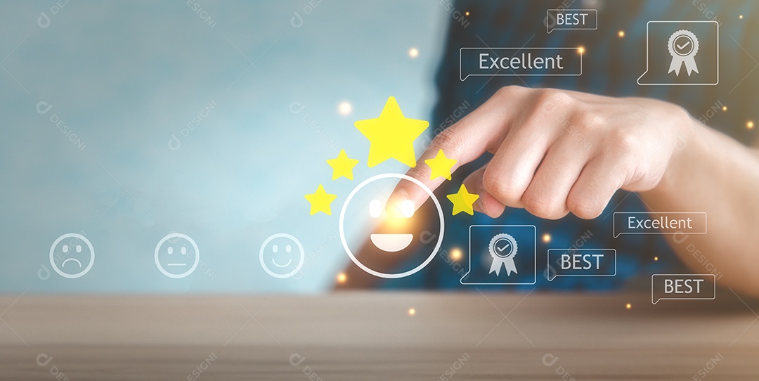 Renderização 3D Homem tocando em avaliação na tela virtual