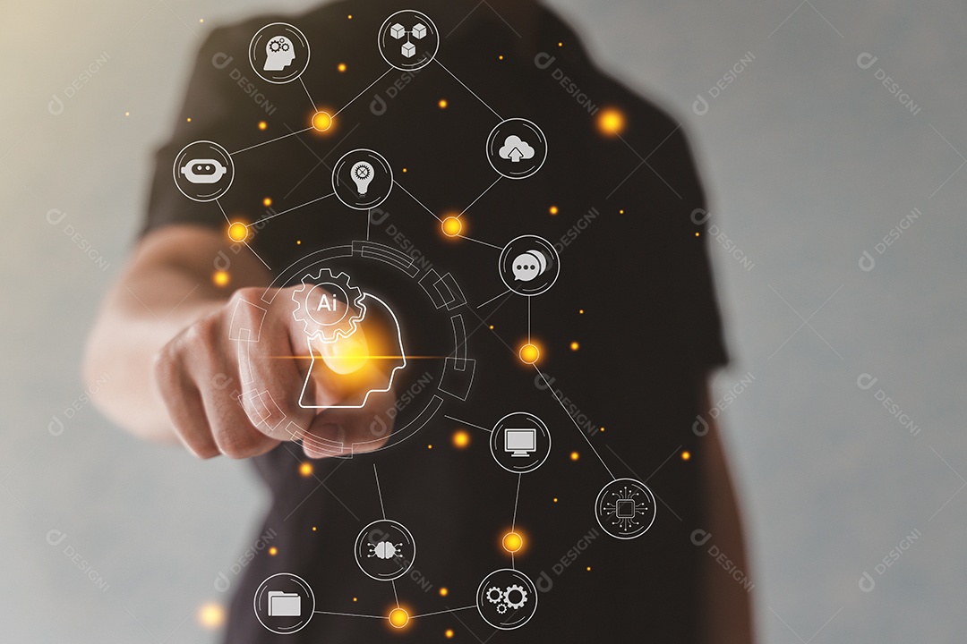 Renderização 3D Homem tocando em Inteligência artificial em tela virtual