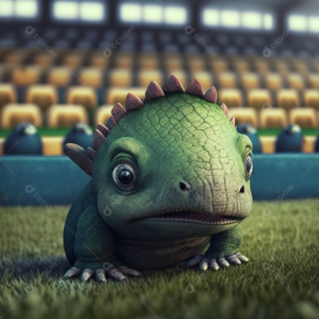 Dinossauro sobre campo de futebol