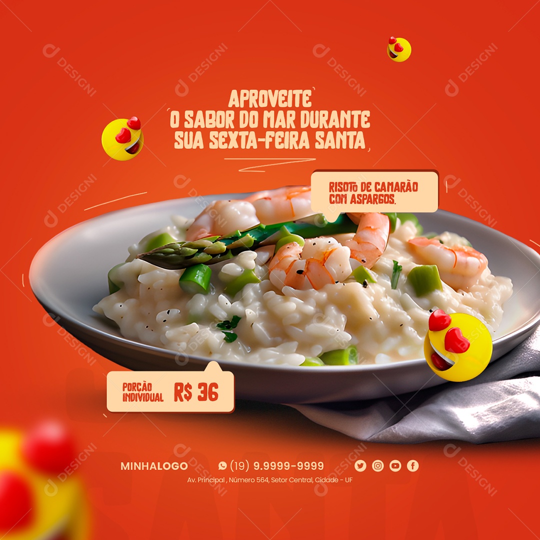 Risoto De Camarão Com Aspargos 36,00 Sexta-Feira Santa Restaurante Social Media PSD Editável