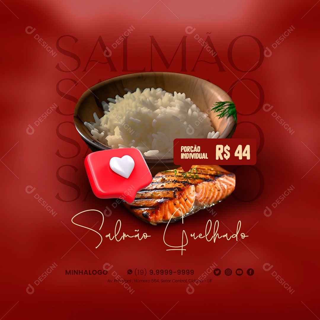 Salmão Grelhado Porção Individual 44,00 Restaurante Sexta-Feira Santa Social Media PSD Editável