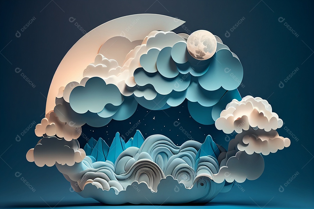 Fundo abstrato de nuvens e lua crescente em 3D IA