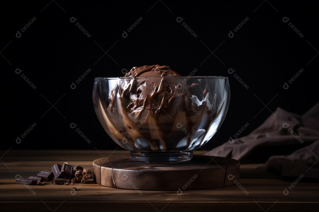 Sorvete de chocolate gourmet na tigela de vidro na mesa de sorveteria.