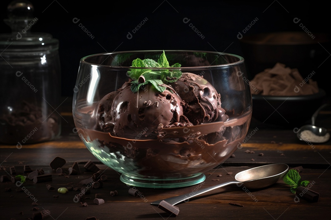 Sorvete de chocolate gourmet na tigela de vidro na mesa de sorveteria.