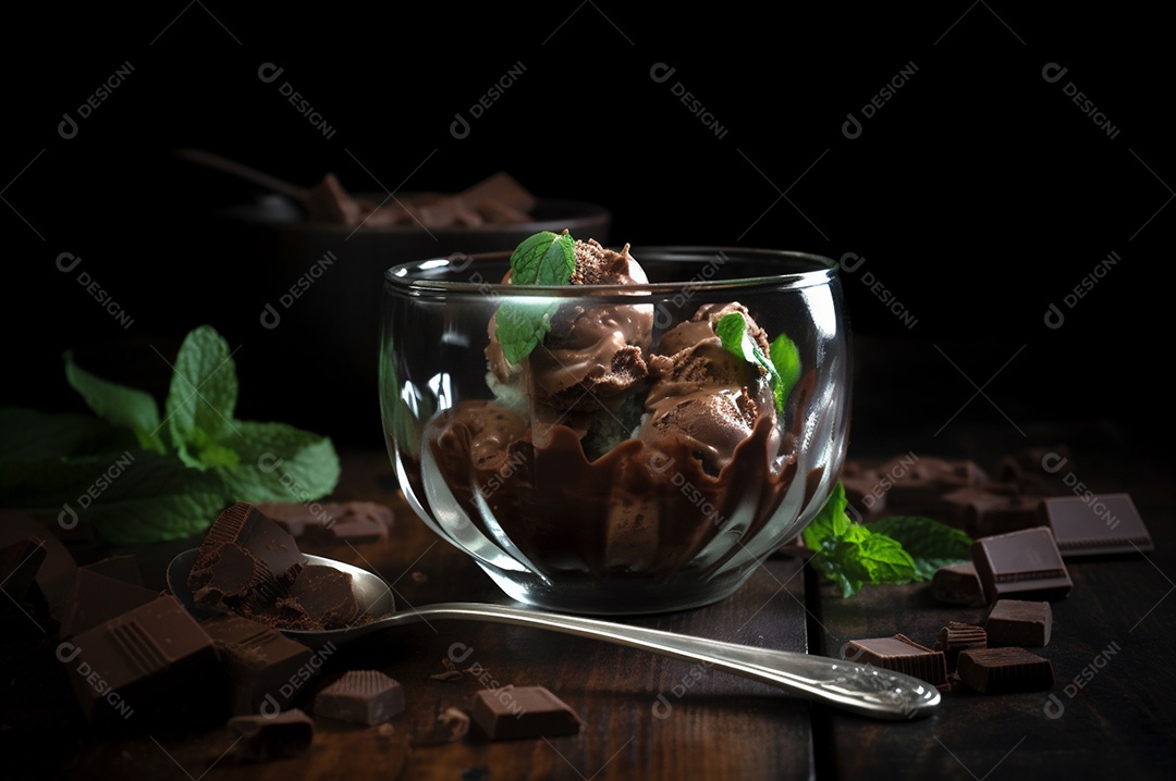 Sorvete de chocolate gourmet na tigela de vidro na mesa de sorveteria.