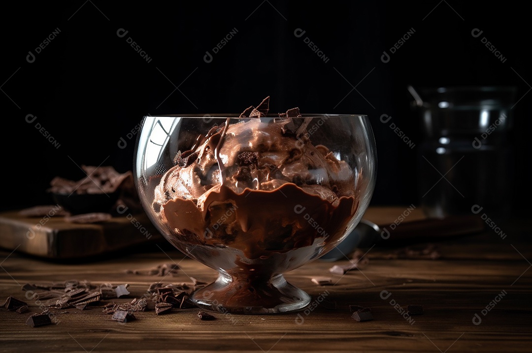 Sorvete de chocolate gourmet na tigela de vidro na mesa de sorveteria.