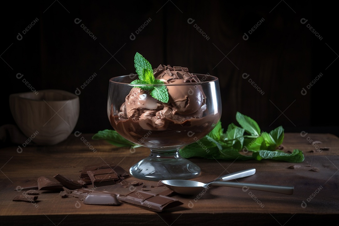 Sorvete de chocolate gourmet na tigela de vidro na mesa de sorveteria.