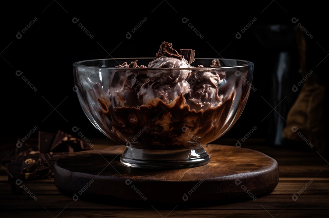 Sorvete de chocolate gourmet na tigela de vidro na mesa de sorveteria.