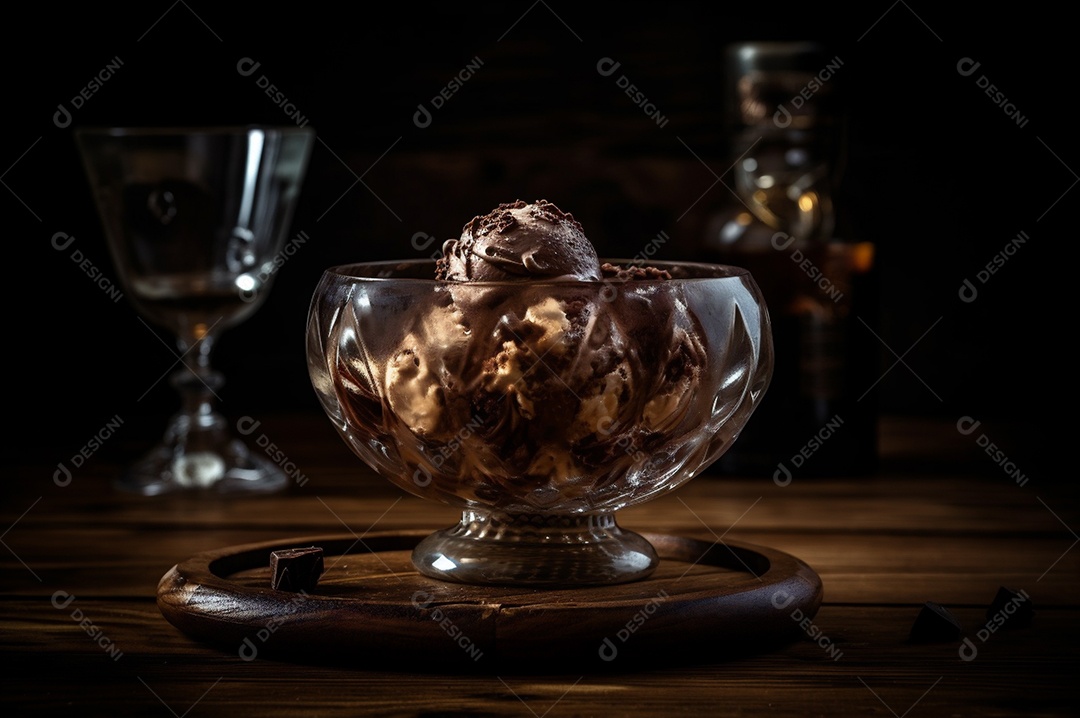 Sorvete de chocolate gourmet na tigela de vidro na mesa de sorveteria.