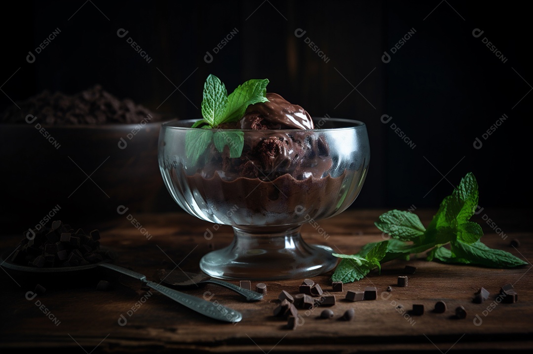 Sorvete de chocolate gourmet na tigela de vidro na mesa de sorveteria.