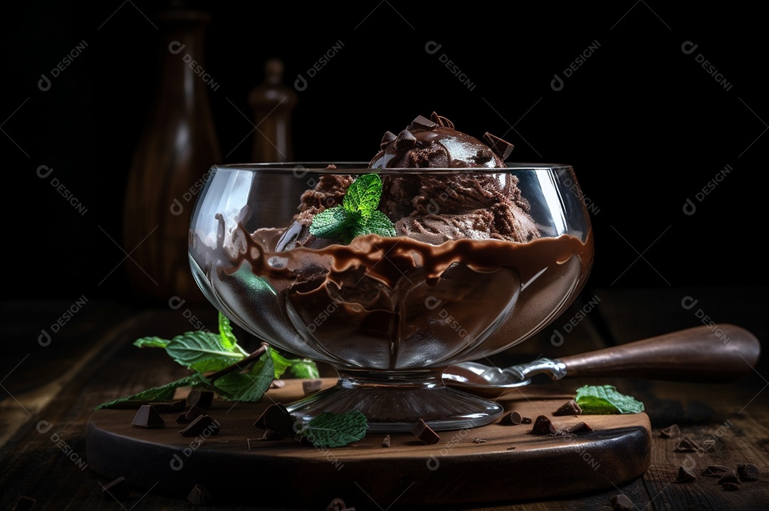 Sorvete de chocolate gourmet na tigela de vidro na mesa de sorveteria.