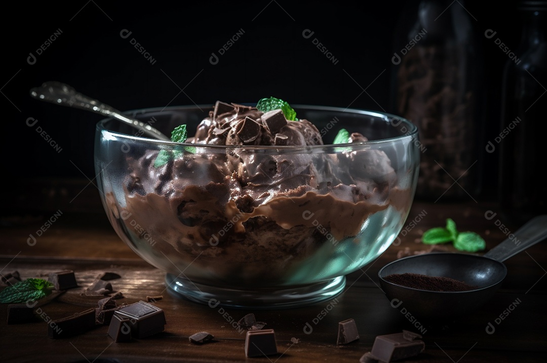 Sorvete de chocolate gourmet na tigela de vidro na mesa de sorveteria.