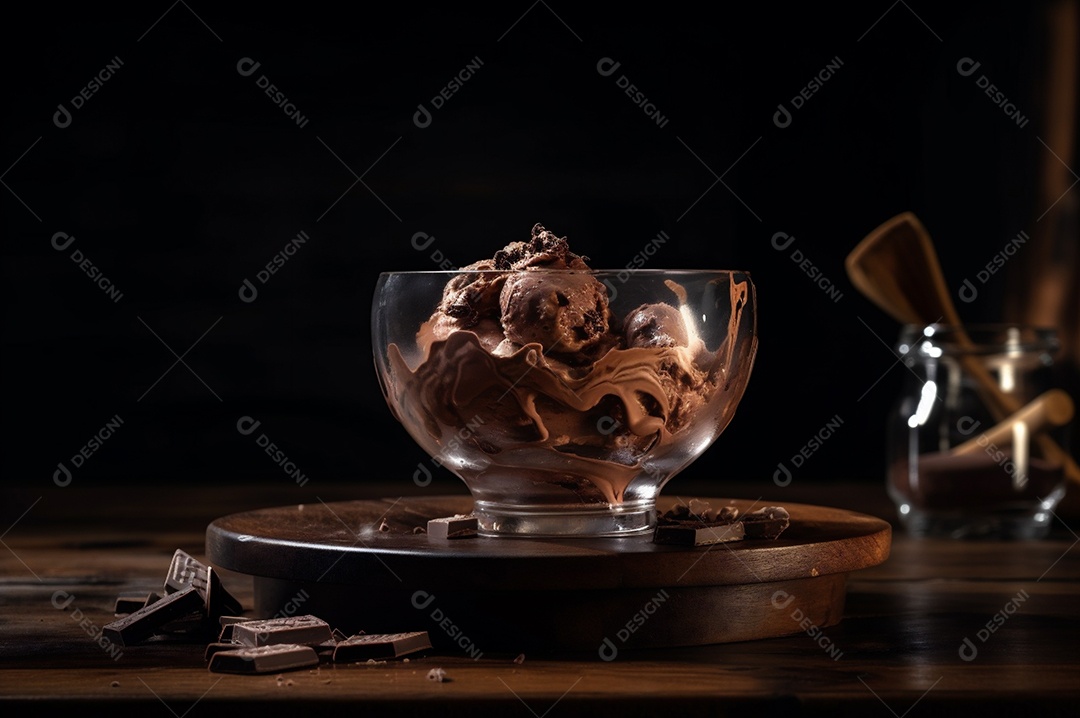 Sorvete de chocolate gourmet na tigela de vidro na mesa de sorveteria.