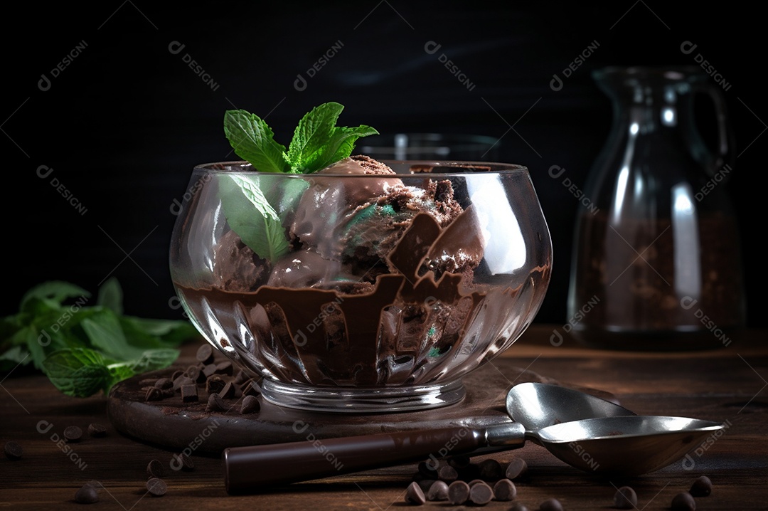 Sorvete de chocolate gourmet na tigela de vidro na mesa de sorveteria.