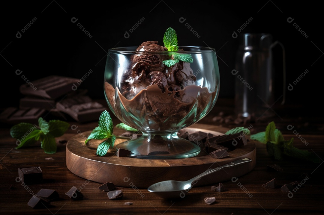 Sorvete de chocolate gourmet na tigela de vidro na mesa de sorveteria.