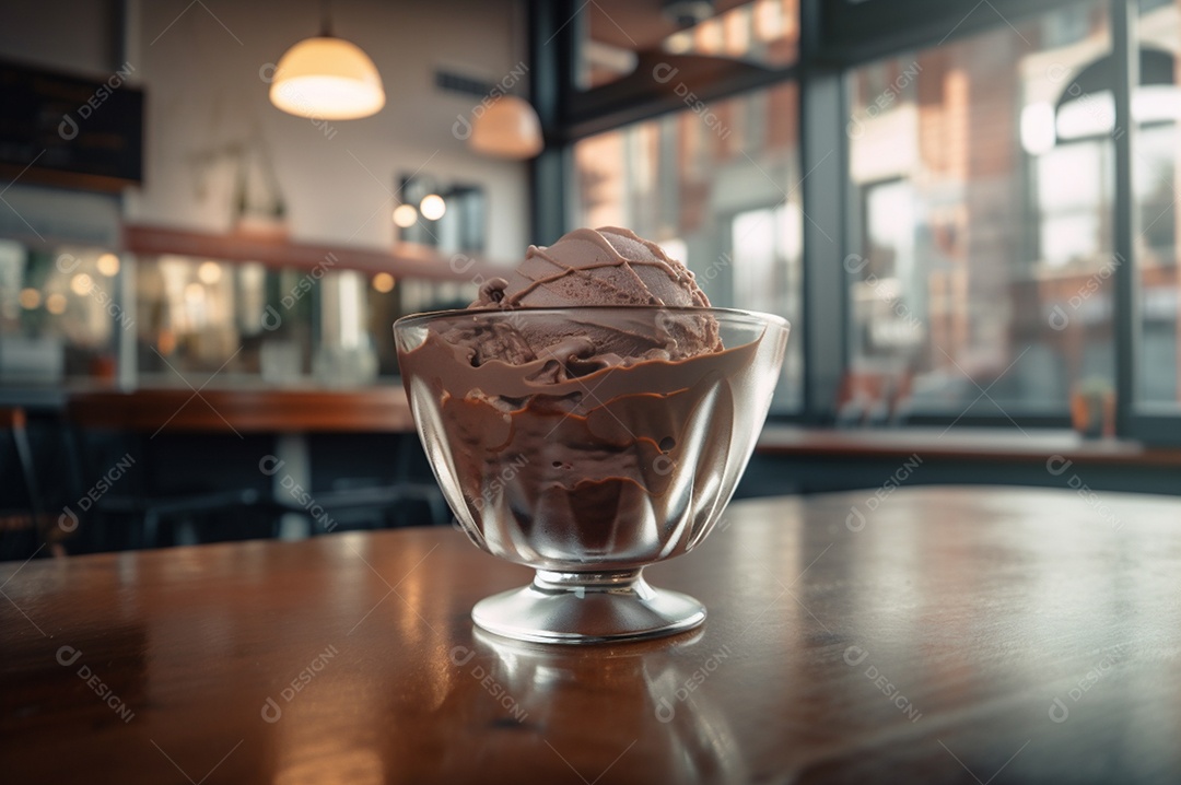 Sorvete de chocolate gourmet na tigela de vidro na mesa de sorveteria. Madeira rústica. sobremesa congelada. vista frontal