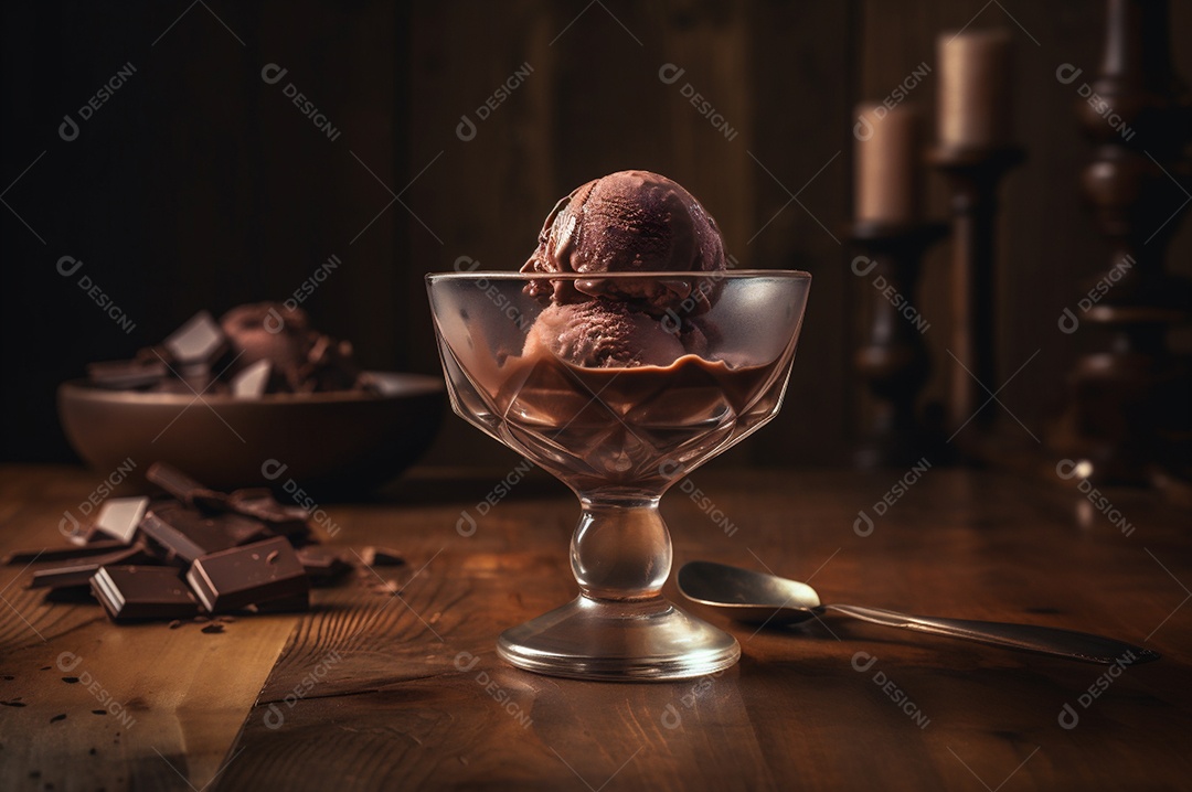 Sorvete de chocolate gourmet na tigela de vidro na mesa de sorveteria. Madeira rústica. sobremesa congelada. vista frontal