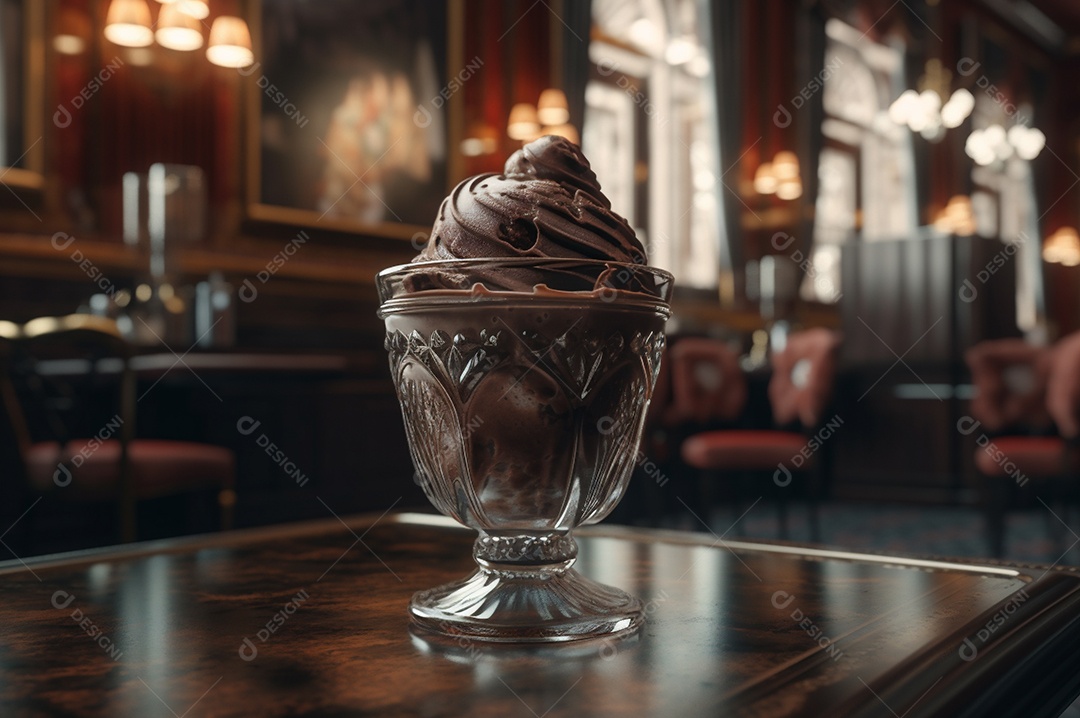 Sorvete de chocolate gourmet na tigela de vidro na mesa de sorveteria. Madeira rústica. sobremesa congelada. vista frontal