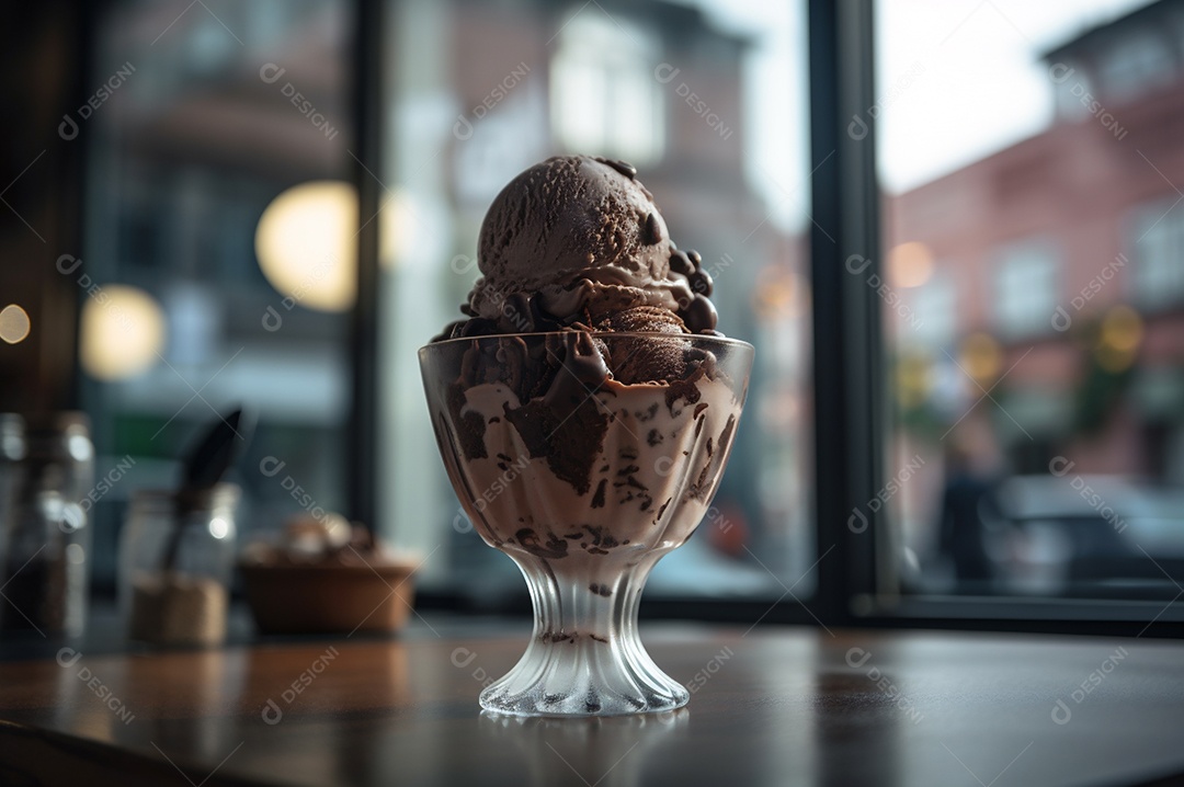 Sorvete de chocolate gourmet na tigela de vidro na mesa de sorveteria. Madeira rústica. sobremesa congelada. vista frontal