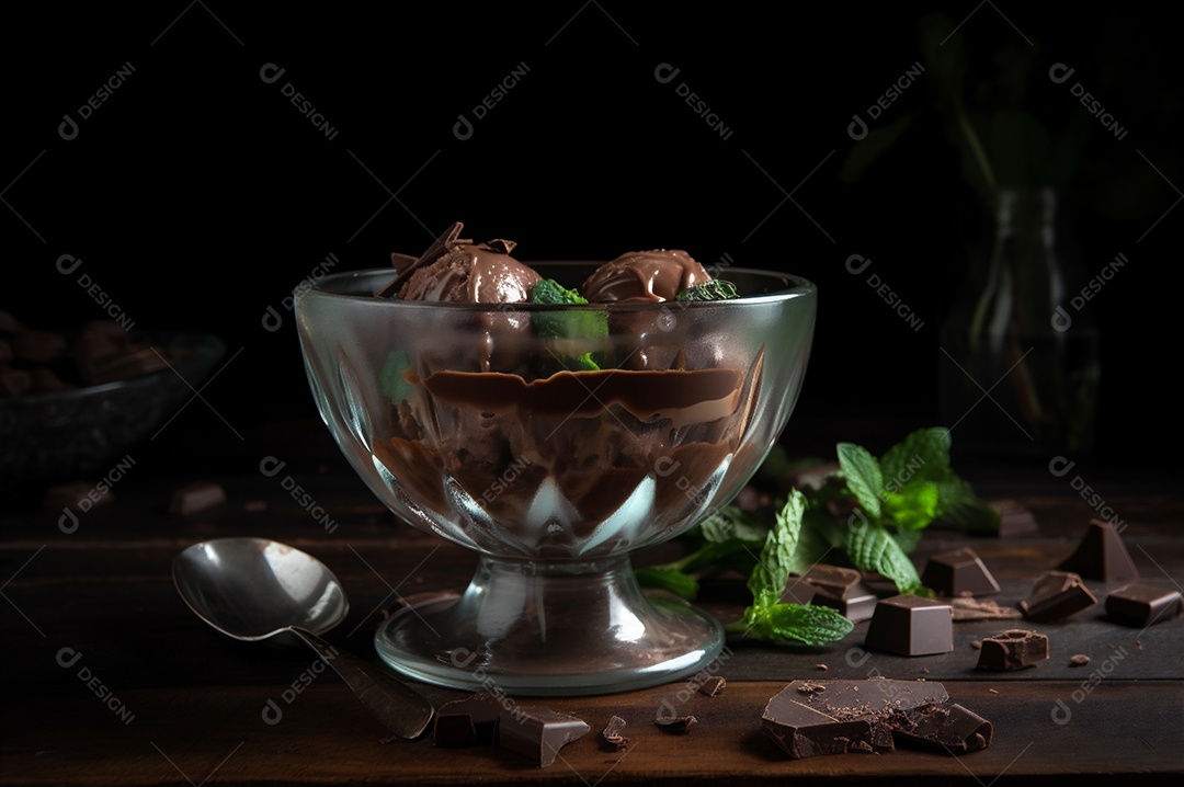 Sorvete de chocolate gourmet na tigela de vidro na mesa de sorveteria. Madeira rústica. sobremesa congelada. vista frontal